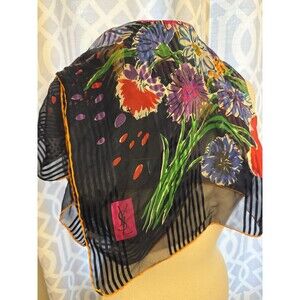 Vintage Yves Saint Laurent 32” Sq Silk Scarf, Sheer, Floral, Striped, YSL Logo